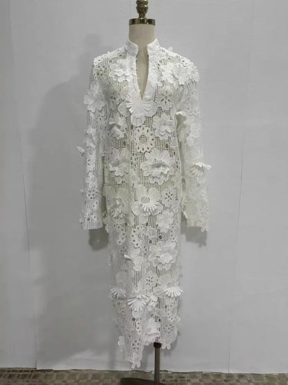 🍒Women's lace dress 3d flowers long sleeve maxi womens occasion wear wedding guest outfit autumn party wear Fem Fleur Fresh Fashion