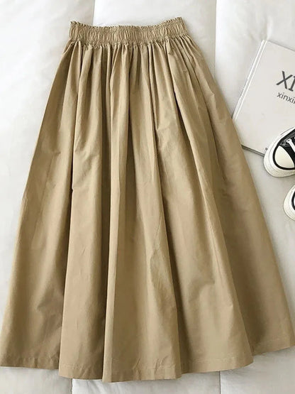 🍒Pleated knee length skirt with pockets womens white long skirt simple fashion summer wear smart casual clothing everday essensial wear every day wear elegant high waist a-line female skirt outfit Simply Easy