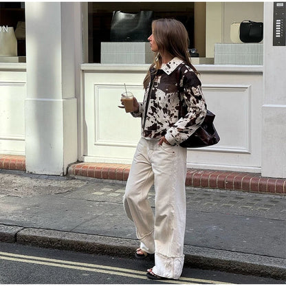 🍒Women's cow print Jacket with lapel collar short zipper coat for smart casual female outerwear  Warm    Milk (it) A Cow