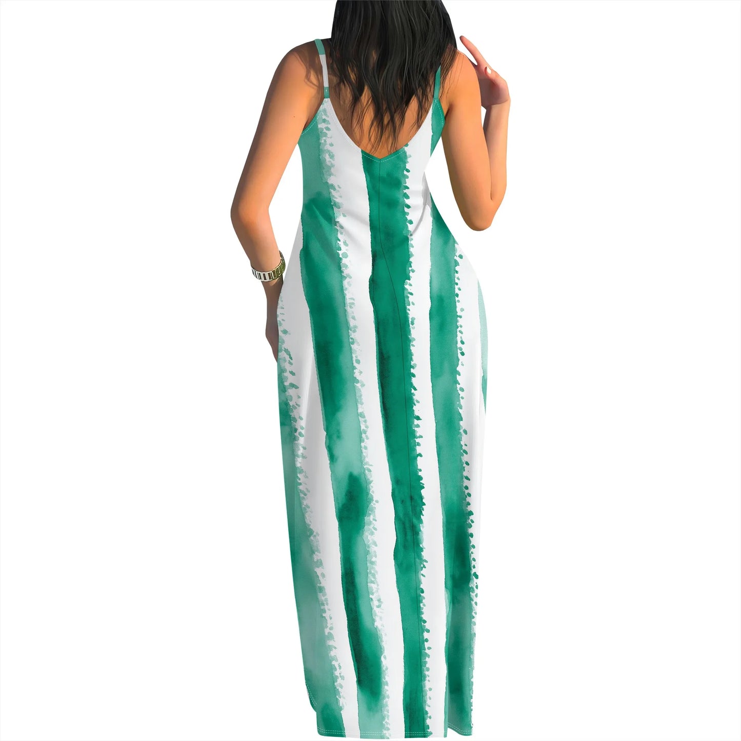 🍒Striped spaghetti strap maxi dress for holiday watercolor green & white pattern summer beach clothes for women plus size clothing S-3XL Five Stripes And Your Out-fitted