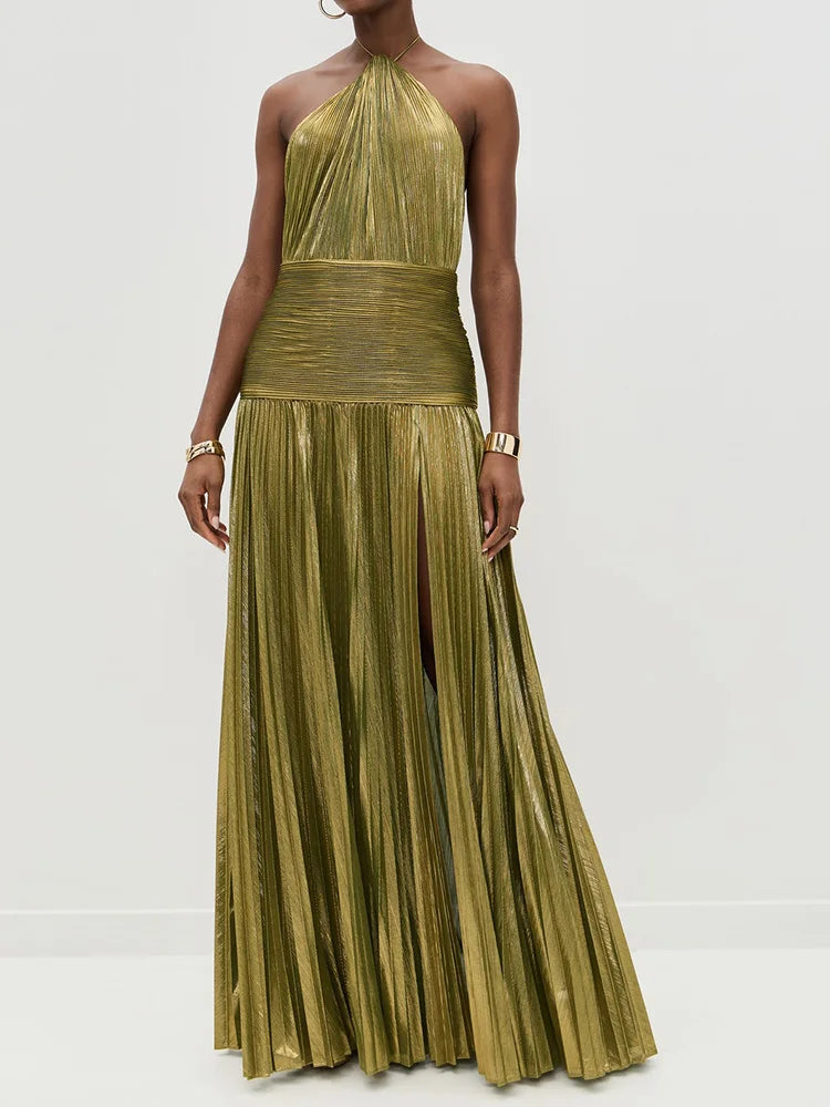 🍒Backless solid evening dress holiday party outfits halter elegant pleated maxi dress high street ladies fashion party occasion wear