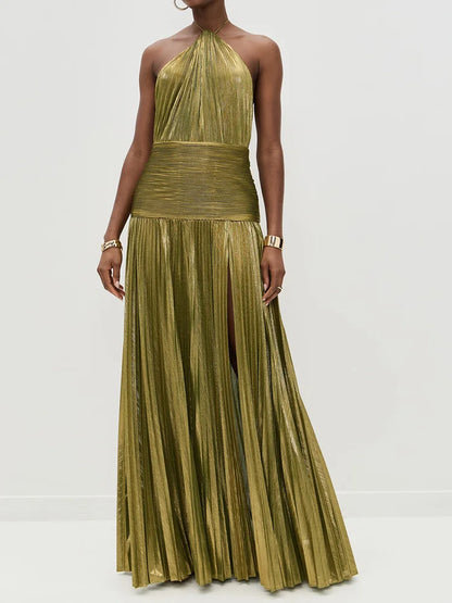 🍒Backless solid evening dress holiday party outfits halter elegant pleated maxi dress high street ladies fashion party occasion wear