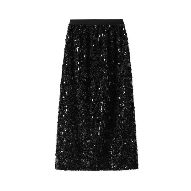 🍒A -line sequin skirt split long with feathers black vintage clothes for women occassion party wear fashion Shimmer Winner