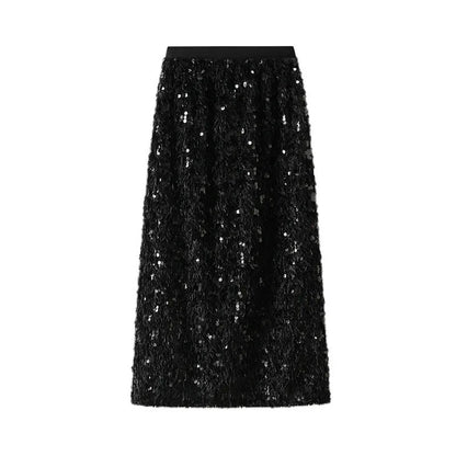 🍒A -line sequin skirt split long with feathers black vintage clothes for women occassion party wear fashion Shimmer Winner