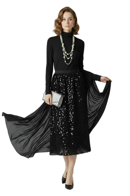🍒A -line sequin skirt split long with feathers black vintage clothes for women occassion party wear fashion Shimmer Winner