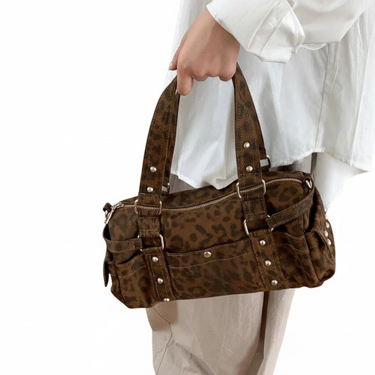 🍒Vintage leopard handbag rivet bag motorcycle barrel shaped crossbody bag boston casual female shoulder fashion totes  Jump On This Animal Its Barrels Of Fun