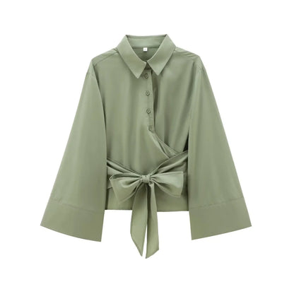 🍒Long sleeve shirt jacket spring summer women's tie top with wide sleeves female fashion clothing solid shirt smart casual Blouse  Cool Jewellies