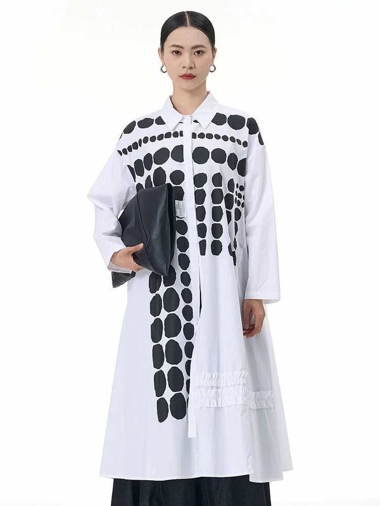 🍒Dot shirt black and white elegant plus size midi dress spring autumn fashion long sleeve fashion smart casual wear women Spot On Shirt