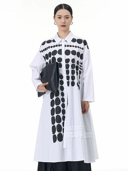 🍒Dot shirt black and white elegant plus size midi dress spring autumn fashion long sleeve fashion smart casual wear women Spot On Shirt