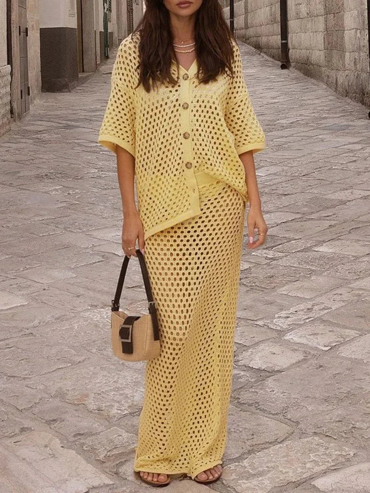 🍒Mesh two piece set women's summer clothing casual mesh knit blouse and matching long skirt   fashionable fishnet beach wear matching sets Look Delicious in Banana And Chocolate
