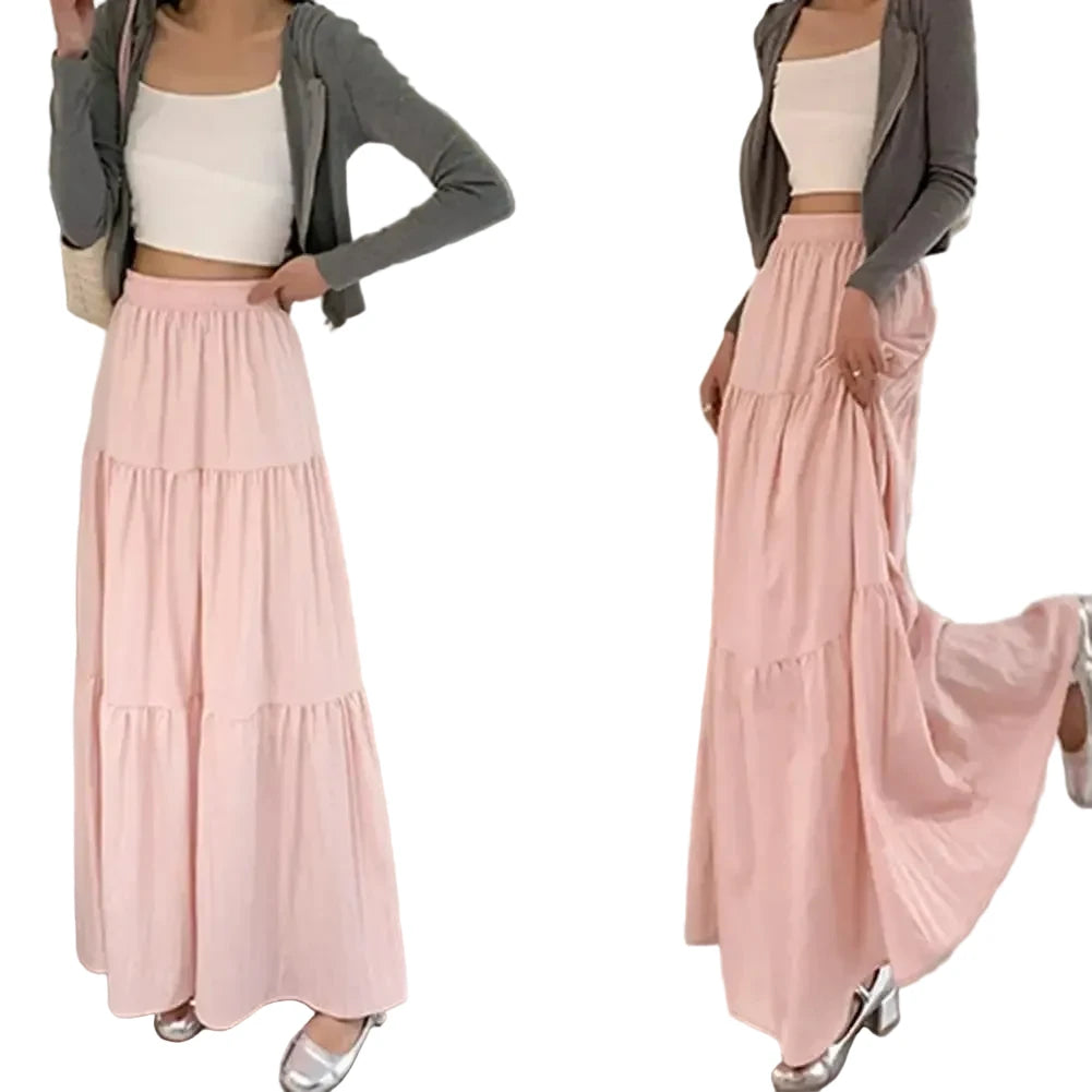 🍒High waist elastic maxi skirt long teired with ruffle stitching solid colour a-Line smart casual fashion for women clothing for all seasons A+ For This A-line