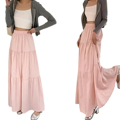 🍒High waist elastic maxi skirt long teired with ruffle stitching solid colour a-Line smart casual fashion for women clothing for all seasons A+ For This A-line