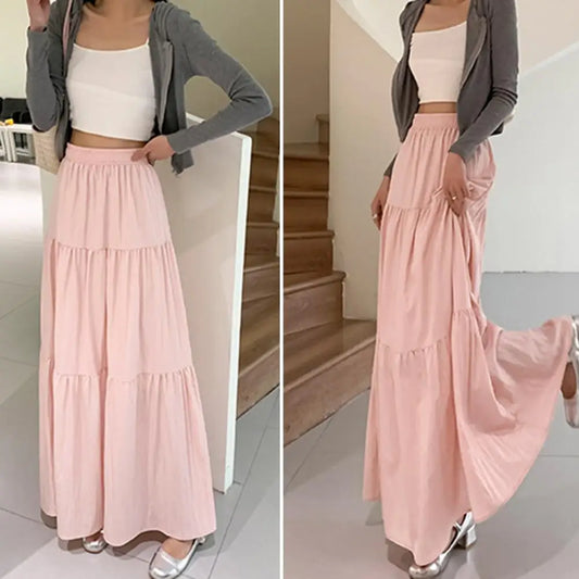 🍒High waist elastic maxi skirt long teired with ruffle stitching solid colour a-Line smart casual fashion for women clothing for all seasons A+ For This A-line