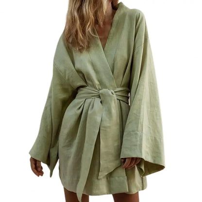 🍒Long sleeve v neck mini dress with tie wrap around style comfy loose cardigan outfit Do I Need To Change When I Get In Cool kinda Thing