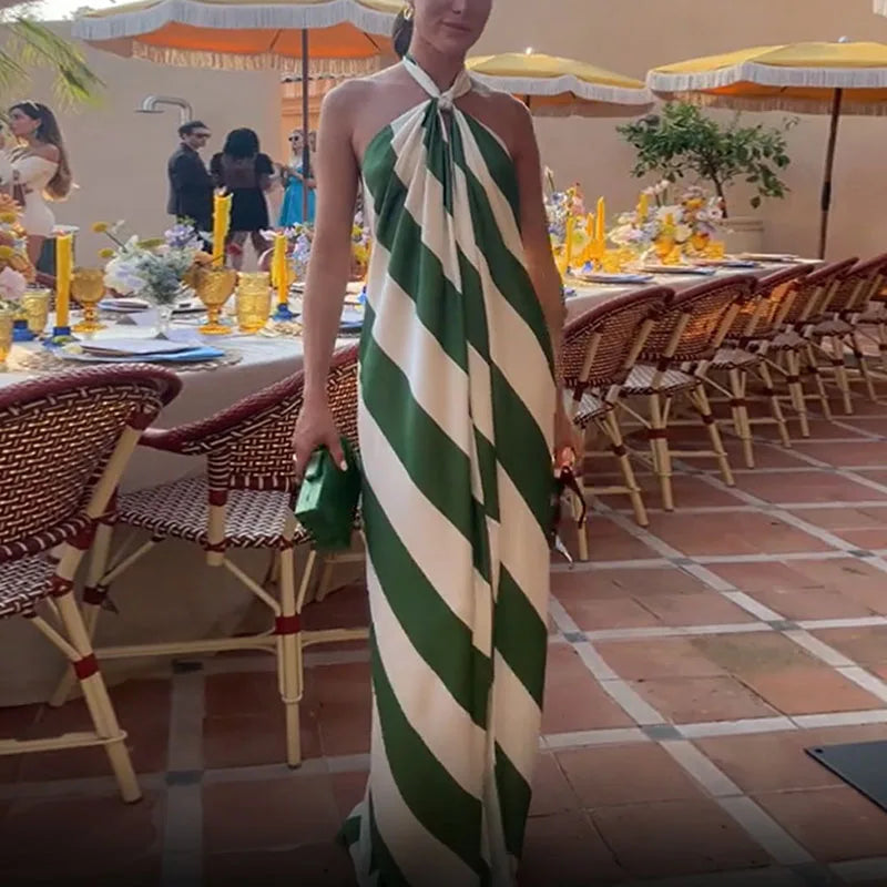 🍒Halter striped dress for holiday chic pleated backless outfits sleeveless summer wear party occasion clothing Eat Your Greens In Your Dinner Dress Green