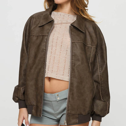 🍒Oversized faux leather Jacket zip up women smart casual outerwear coats fall fashion leather bomber Jacket You Will Wear Out This Outerwear