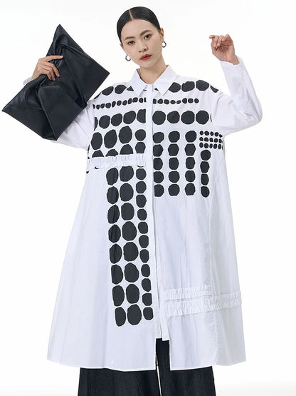 🍒Dot shirt black and white elegant plus size midi dress spring autumn fashion long sleeve fashion smart casual wear women Spot On Shirt