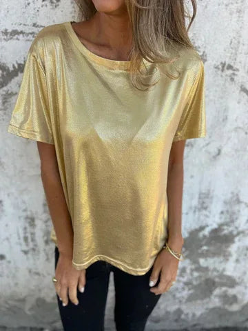 🍒Metalic loose top shiny short sleeve tee womens special occasion tops gold t-shirt o-neck fashion smart casual ladies clothes  Top 'Talic Tee