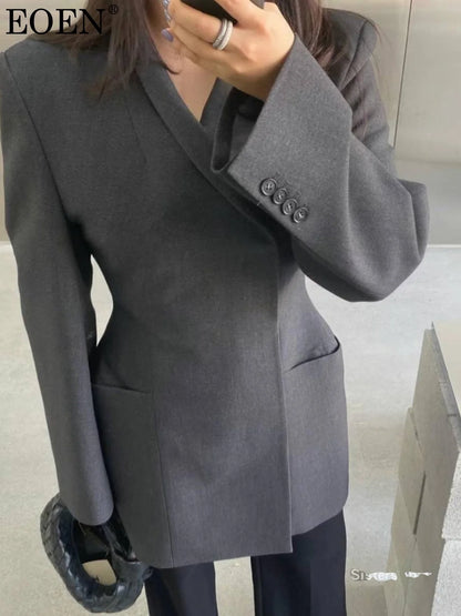 🍒Hidden button blazer long women fitted waist jacket fashion Y2K fashion office chic clothing lightweight linen coat chic trendy fashion two-layer smart casual outfit TRAILS Of Comments BLAZER