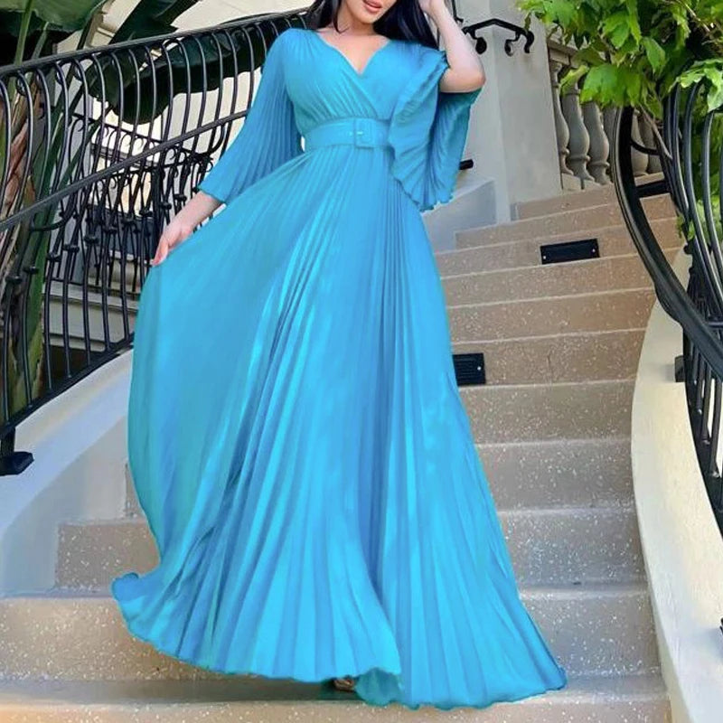 🍒 Dinner party dress V-neck design pleated womens fashion wear elegant maxi oufit with belt long sleeve fashion occasion wear party wear Com-PLEATly Flared Affair