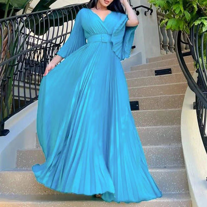 🍒 Dinner party dress V-neck design pleated womens fashion wear elegant maxi oufit with belt long sleeve fashion occasion wear party wear Com-PLEATly Flared Affair