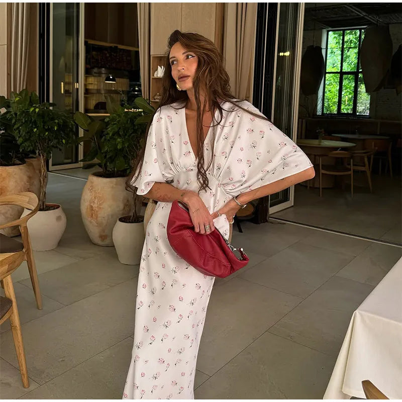 🍒Summer printed v-neck dress  with flower print womens fashion slim fit waist short butterfly sleeve long summer outfit with short sleeves high waist office wear cute comfy casu classy