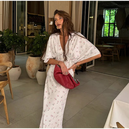 🍒Summer printed v-neck dress  with flower print womens fashion slim fit waist short butterfly sleeve long summer outfit with short sleeves high waist office wear cute comfy casu classy