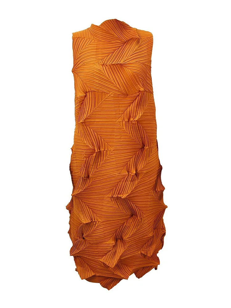 🍒Sleeveless pleated dress for women turtleneck outfit single colour solid fashion smart casual women party wear occasion clothing style 3D fold designer dresses Fashion A Fold