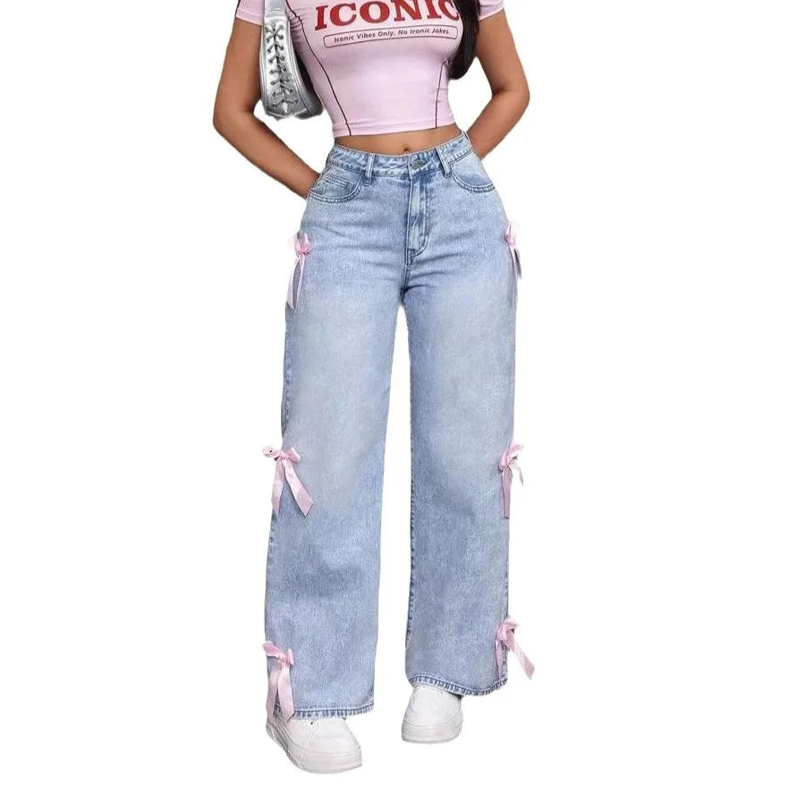 🍒Womens wide leg jeans pants pink bows washed high waist denims distressed vintage Straight Ankle Length Trousers casual jeans wear You Will Be Blue If You Miss these sweet Denim Pinks
