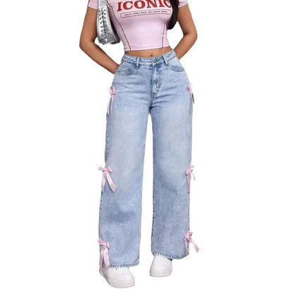 🍒Womens wide leg jeans pants pink bows washed high waist denims distressed vintage Straight Ankle Length Trousers casual jeans wear You Will Be Blue If You Miss these sweet Denim Pinks