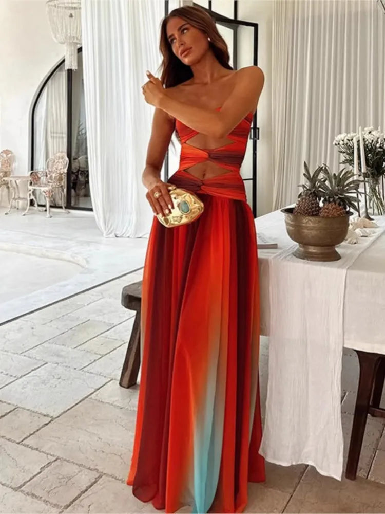 🍒Women's tie-dye gradient fitted waist shoulderless long dress contrast open detail pleated maxi dress with slit chic occasion  party holiday Wear Gravitate To A Gradient