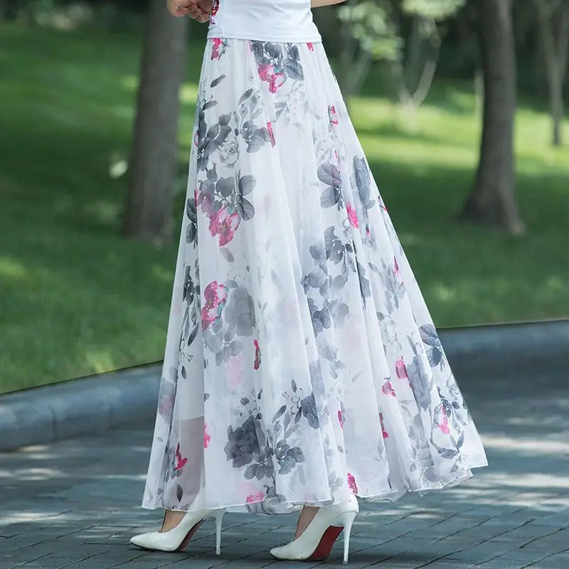 🍒 Floral summer skirts for women print female fashion wear high waist skirt outfit elegant a- line boho maxi smart casual clothes    A -line Of Pretty Florals