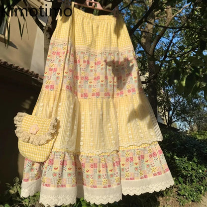 🍒Patch work gypsy skirt sweet girl fashion floral print tiered skirt lace outfit womens elastic waist skirts a-line fashion feminine summer clothes holiday wear Sun In Your Sunny