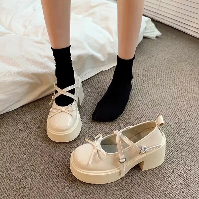 🍒Women’s fashion footwear round toe high heels bow and buckle solid thick heel pumps comfortable Mary Jane shoes Buckle Up For These Bow Beauties
