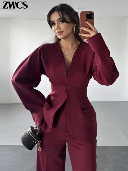 🍒Stylish blazers coat v neck jacket for women and pants set party occasion wear single button suit with matching straight long trousers office outfit single out this single button in a Single Minute