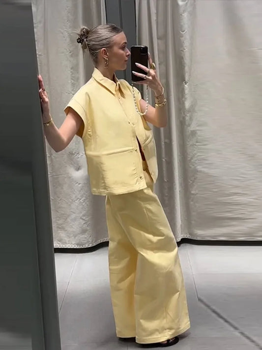 🍒Street style vest outfit with wide leg pants and short sleeve oversized jacket sets collar single-breasted waistcoat  women wide leg trousers summer casual outfits No PANTing in This SLEEVELESS