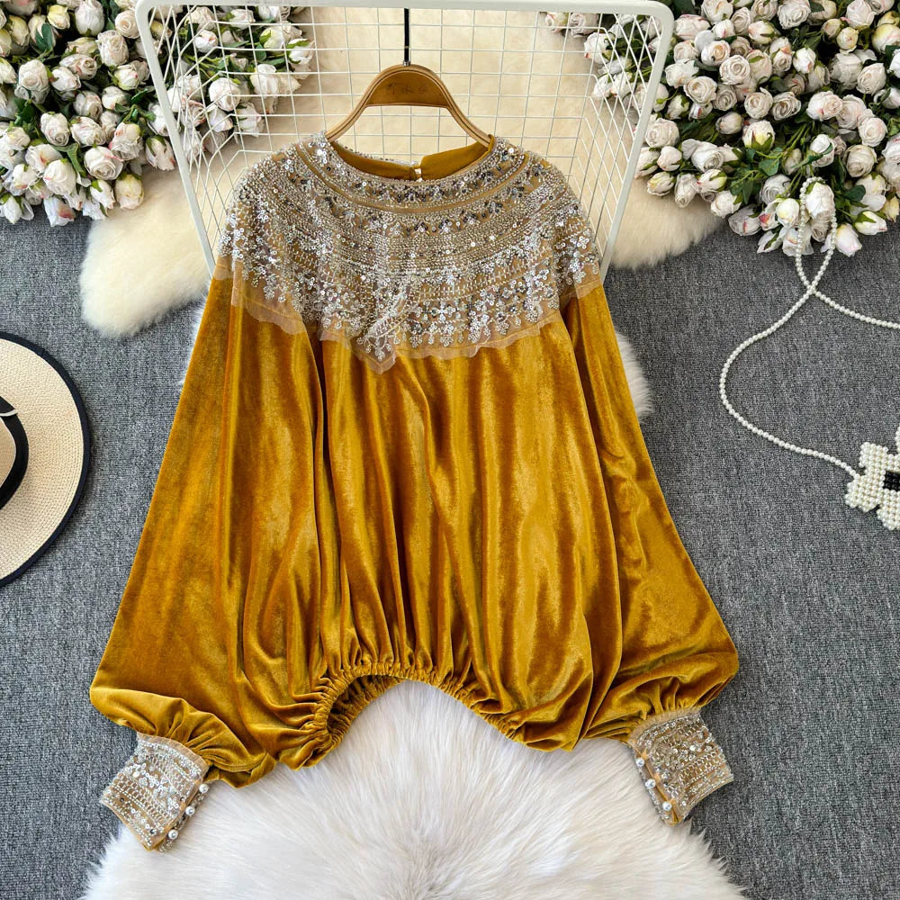 🍒Vintage velvet blouse women's velour shirt sequin  clothing elasticated waist top Loose party occasion wear clothing Voted Velvet Varying Never