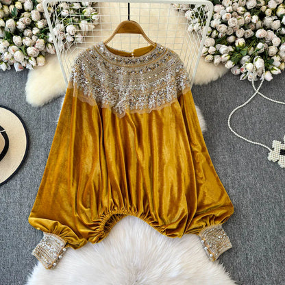 🍒Vintage velvet blouse women's velour shirt sequin  clothing elasticated waist top Loose party occasion wear clothing Voted Velvet Varying Never