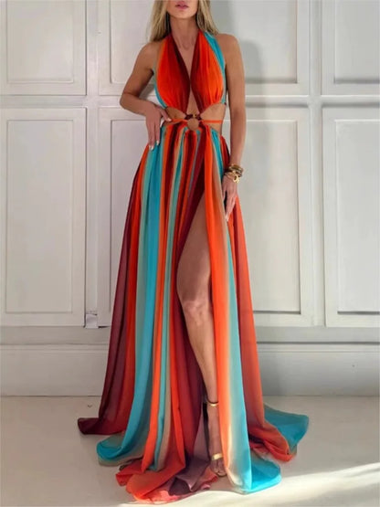 🍒Women's tie-dye gradient fitted waist shoulderless long dress contrast open detail pleated maxi dress with slit chic occasion  party holiday Wear Gravitate To A Gradient