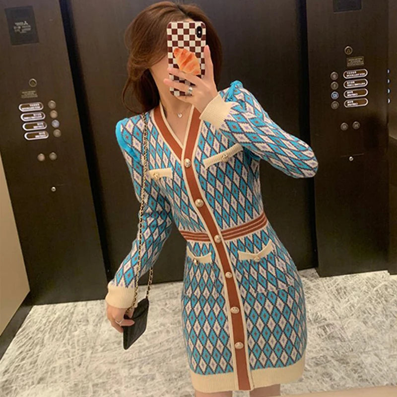 🍒Knitted dress for women v- neck autumn winter fashion french style clothing smart casual female outfit women diamond checkered clothing Playout Plaids