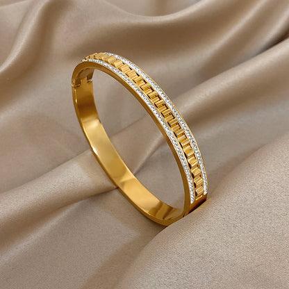 🍒Irregular geometric wave stainless steel bracelet with rhinestones exquisite gold colour cuff bangle smart casual Jewellery accessories Gifts Glitz Up Your Hand With A Band