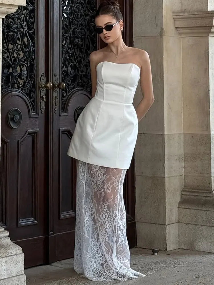 🍒Lace two piece set tossy fashion occasion wear party clothinglong lace skirt for women fitted waist top tube and maxi skirt sets summer female utfits Dress Up Lace