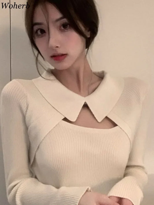 🍒Cute knitted sweater women shirt collar pullover women turn down collar hollow out warm tops for winter autumn slim fit Y2k casual fashion Cool Collar