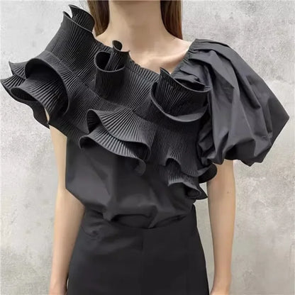 🍒Irregular ruffles blouse puff short sleeve shirt  summer party tops  for women occasion wear evening wear No Need To Ruffle Your Feathers Ruffles
