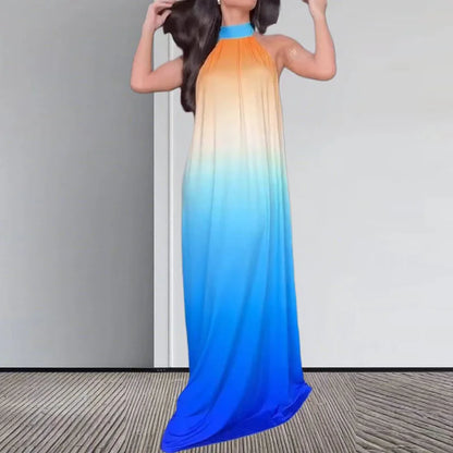 🍒Sleeveless gradient dress Printed evening summer party wear loose tie up halter outfit backless maxi pleated high waist dress Set Your Sight On A Sunset