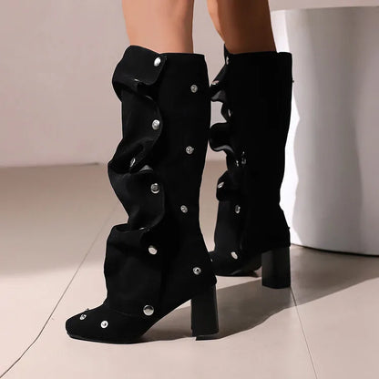 🍒Denim boots for Women blue multi snap-fastener pleated shoes with zip wide calf length boots winter footwear Cute Cowboy