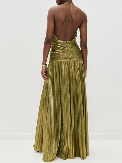 🍒Backless solid evening dress holiday party outfits halter elegant pleated maxi dress high street ladies fashion party occasion wear