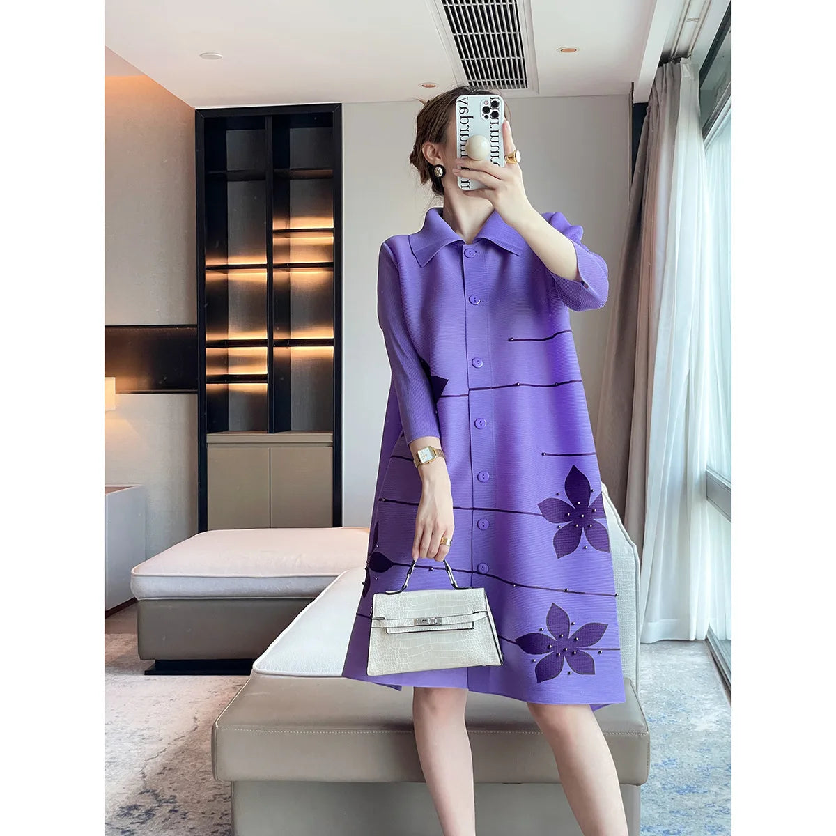 🍒Lapel dress colour blocking outfit beaded design coat dress for women elegant loose large size outfit spring autumn fashion women's over knee outfit