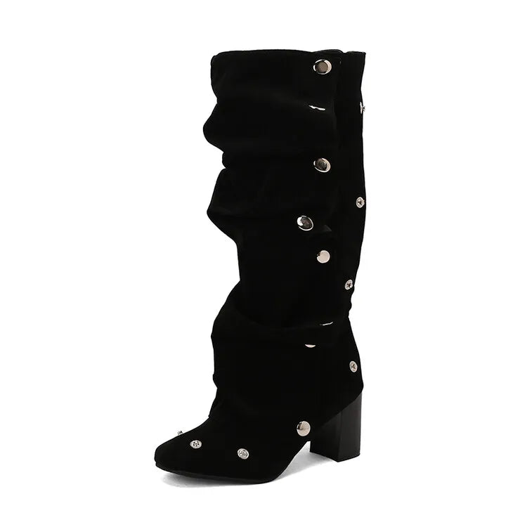 🍒Denim boots for Women blue multi snap-fastener pleated shoes with zip wide calf length boots winter footwear Cute Cowboy