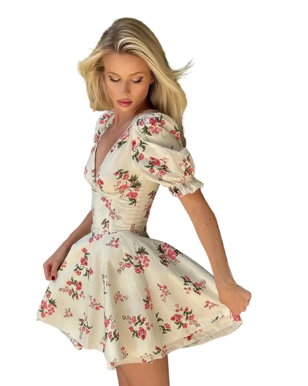 🍒Elegant party dresses for women vintage rose floral a-line outfit mini summer clothing wear with fitted waist printed v -neck short puff sleeve layered smart casual clothes beach party wear Mini Rose Pose